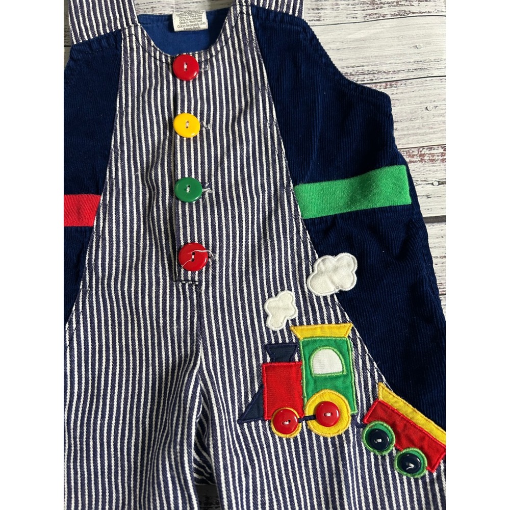 Vintage Railroad Stripe Corduroy Train Applique Overalls 12 Months - Picture 2 of 6